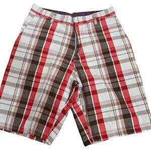 Burnside Flat Front Chino Shorts 30 Blue Red Plaid Pockets Button Zip Belt Loops